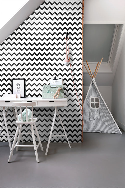 ESTAhome behang zigzag motief zwart wit - 53 cm x 10.05 m - 139115