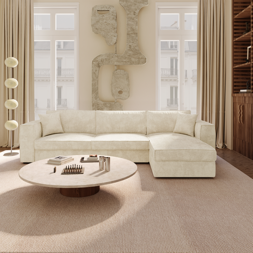 Premium Interiors - Rechthoekige hoekbank MIKA - zacht aanvoelende geweven stof crème 292cm