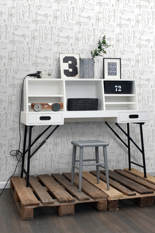 ESTAhome behang constructietekeningen van vliegtuigen wit - 53 cm x 10.05 m - 128812