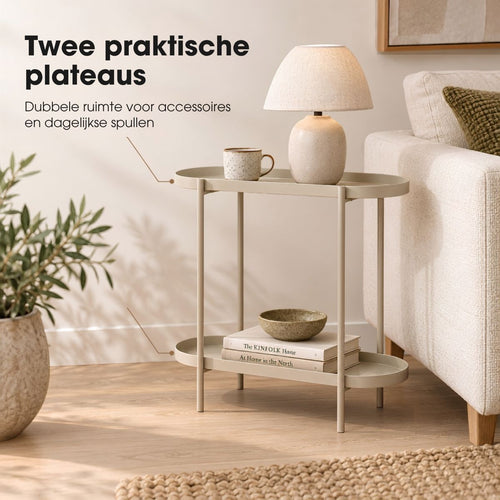 Mica Decorations Myron Bijzettafel Ovaal Beige - Salontafel met Twee Opbergplateaus - Nachtkastje van Stevig IJzer - Plantentafel voor Woonkamer, Hal