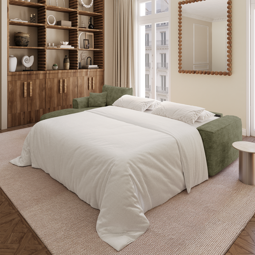Premium Interiors - Linkerhoekbank met snelle uitklapfunctie COMO - corduroy olijfgroen 300cm