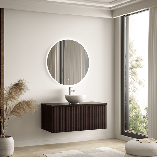 LOMAZOO badkamermeubel Messina - geribbeld - zwevend - opbouw - witte waskom - walnoot - 100 cm