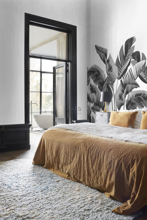 ESTAhome fotobehang grote bananenbladeren zwart wit - 200 x 279 cm - 158907 - vtwonen shop