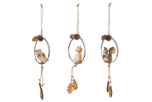 J-Line hanger cirkel vos/uil/eekhoorn - metaal/hout - bruin/oranje - 3 stuks