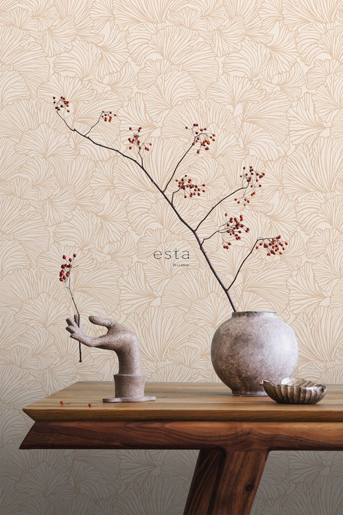 ESTAhome behang ginkgo bladeren zand beige en licht terracotta - 53 cm x 10.05 m - 139488