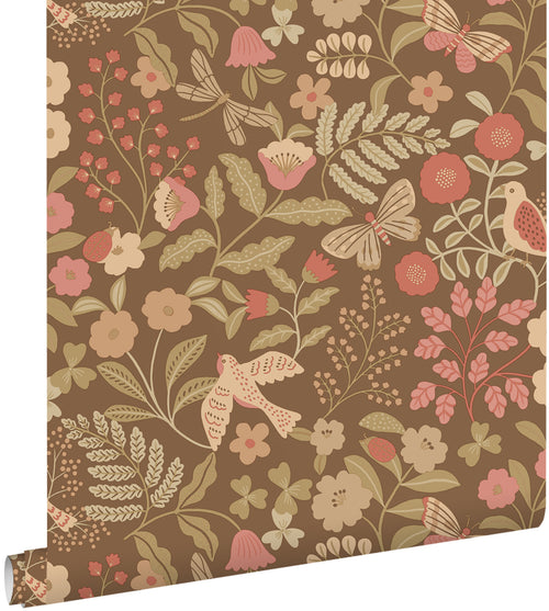 ESTAhome behang bloemen en vogels vergrijsd groen en roze - 50 x 900 cm - 131468 - vtwonen shop