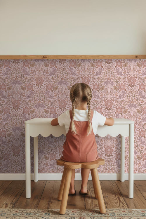 ESTAhome behang bloemen en vogels lila paars en terracotta roze - 53 cm x 10.05 m - 139830