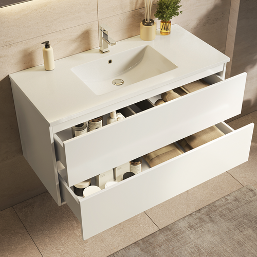 LOMAZOO badmeubelset Nuvano - met hoge kast & witte wastafel - glanzend wit - 100 cm
