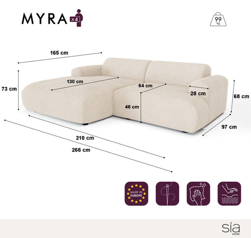 Sia Home - Linkerhoekbank MYRA - fluweel met motieven crème 266cm
