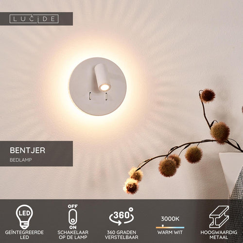 Lucide bedlamp BENTJER - Geïntegreerde LED - Wit