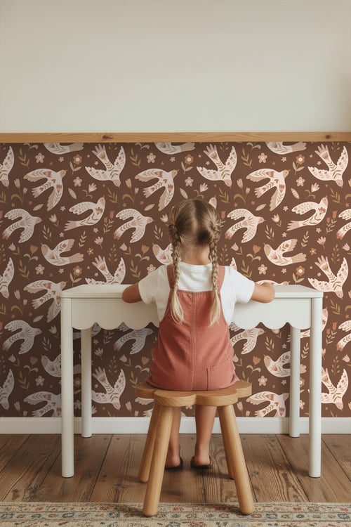 ESTAhome behang bloemen en vogels bruin - 50 x 900 cm - 131755