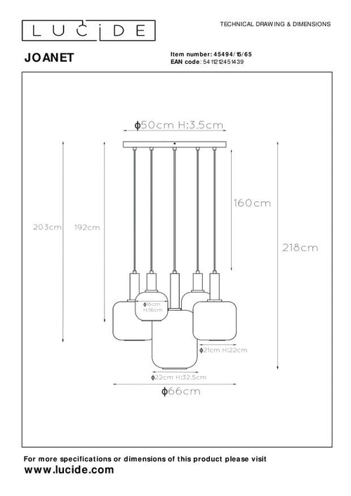 Lucide hanglamp JOANET - 5xE27 - Fumé - vtwonen shop