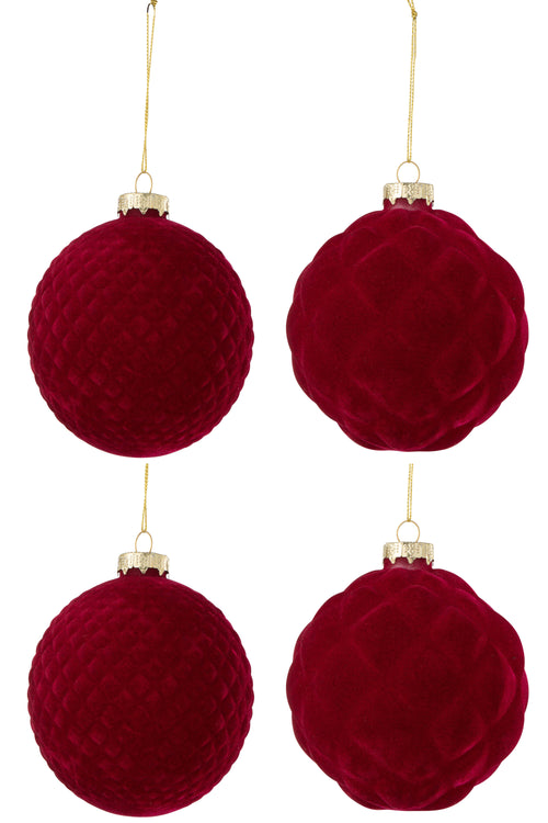 J-Line kerstbal - fluweel - rood - large - doos van 4