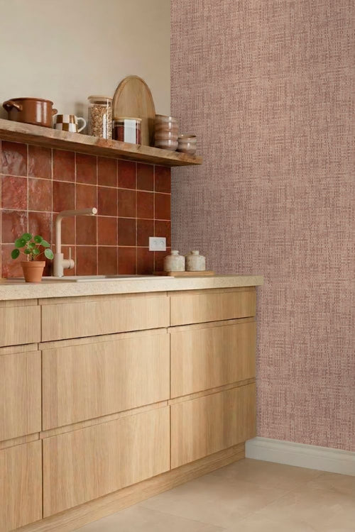 Origin Wallcoverings behang geweven linnenstructuur terracotta roze - 50 x 900 cm - 348054