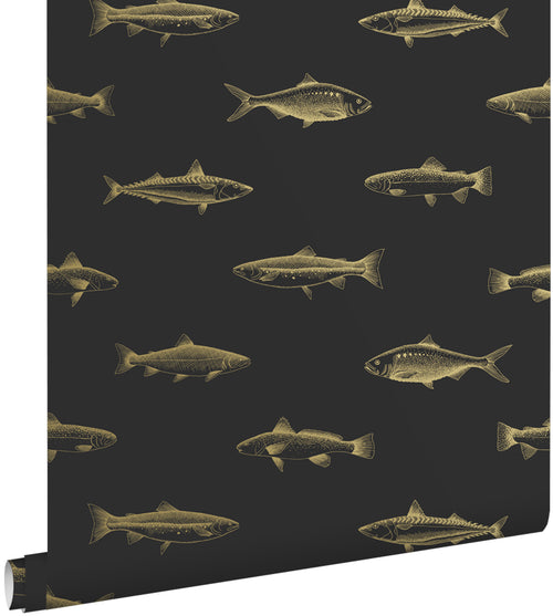 ESTAhome behang pentekening vissen zwart en goud - 53 cm x 10.05 m - 139124
