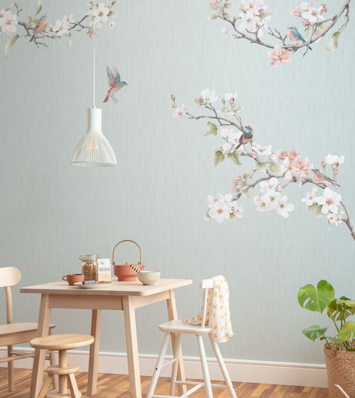 Komar fotobehang bloemen en vogels blauw en roze - 250 x 250 cm - 611191 - vtwonen shop