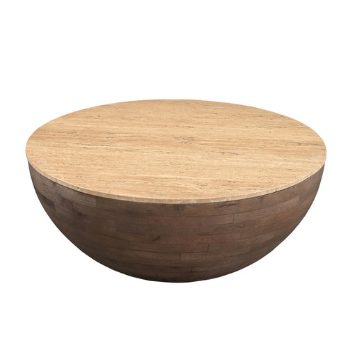Giga Meubel Salontafel Aiden Rond - Travertin/Hout - Donkerbruin - 90x90x38cm