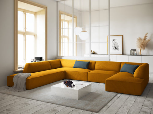 Micadoni - Panoramische hoekbank links "Ruby" 7 zitplaatsen, ribfluwelen, geel - 273x366x69cm