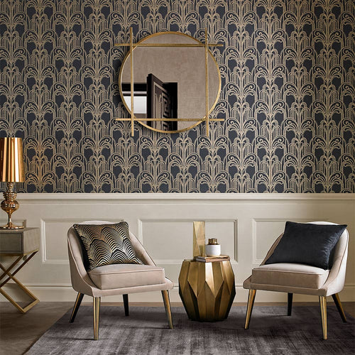 Graham & Brown Vliesbehang - Art Deco Zwart & Goud