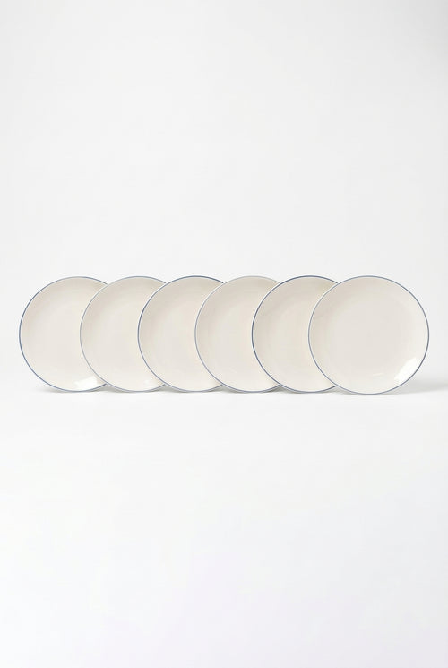 vtwonen - Lunchbord - Wit/Blauw Lijn - Porselein - 23cm - Set van 6