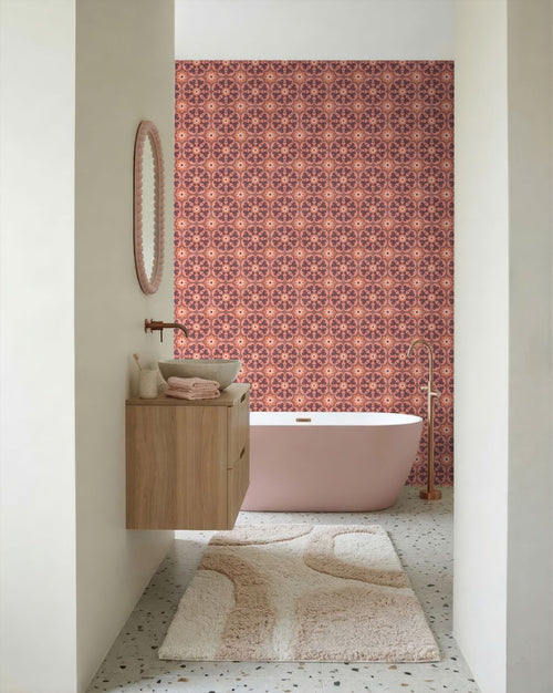 ESTAhome behang tegelmotief paars en terracotta - 50 x 900 cm - 132075