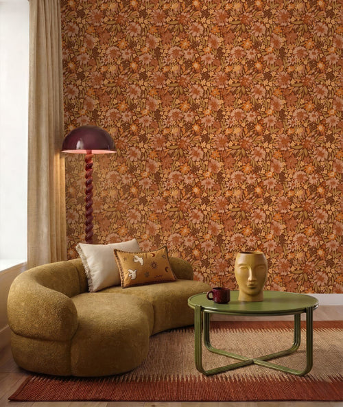 ESTAhome behang bloemen terracotta, bruin en groen - 50 x 900 cm - 132196