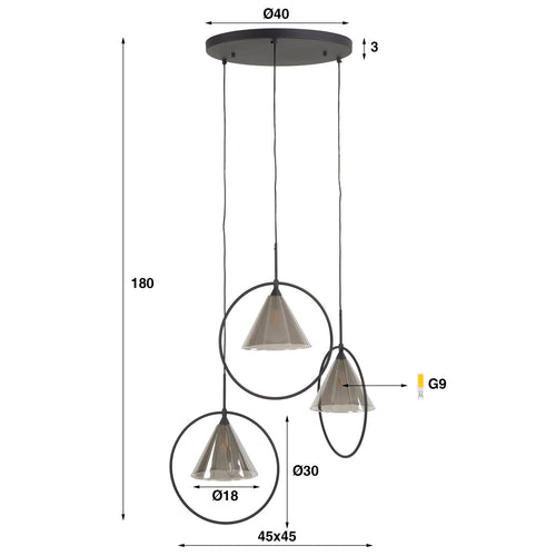 Giga Meubel Hanglamp Ring - Grijs Glas - 3-Lichts - 45x45x180cm - vtwonen shop