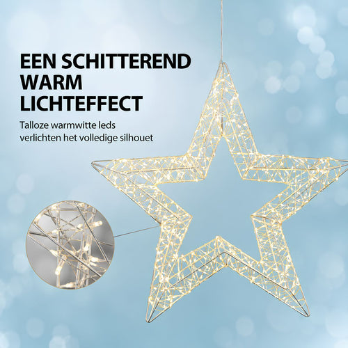 Luca Lighting Ster Hangend Zilver met 600 Warm Witte LED's - Kerstversiering voor Raam of Muur - Inclusief Adapter en Timer - Diameter 45 x Breedte 5