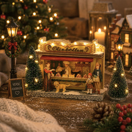 Luville Kerstdorp Miniatuur Oliebollenkraam - Kerstversiering voor Miniatuur Kerstdorp - Kerst Decoratie met LED Verlichting op Batterijen - L17 x B6