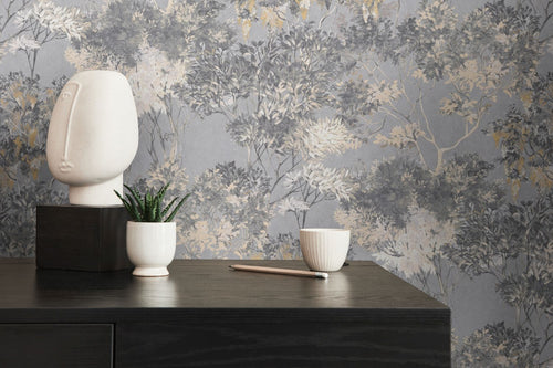 Livingwalls behang bloemmotief grijs, wit, beige, geel en zwart - 53 cm x 10.05 m - AS-391734