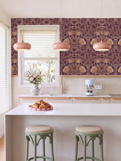 ESTAhome behang vintage bloemen in art nouveau stijl paars en terracotta - 50 x 900 cm - 132223