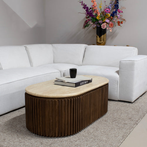 Giga Meubel Salontafel Sven Ovaal - Travertin/Hout - Bruin - 120x60x40cm