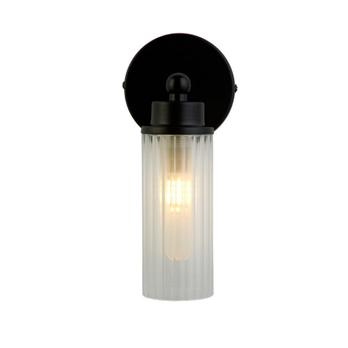 Searchlight Imperial 1-lichts wandlamp, matzwart metaal en helder geribbeld glas