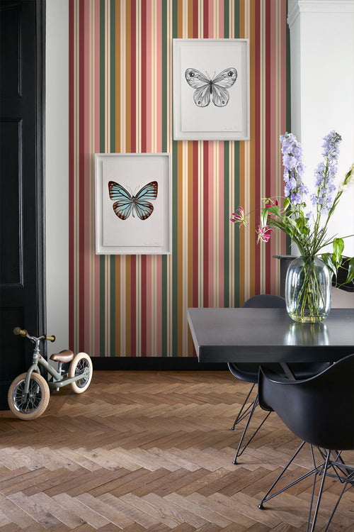 ESTAhome behang strepen roze, bruin, groen en bordeaux rood - 50 x 900 cm - 132039
