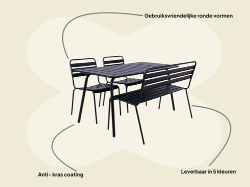 MaximaVida metalen tuinset Max zwart 150 cm – 1 tafel met 2 stoelen en 1 bank