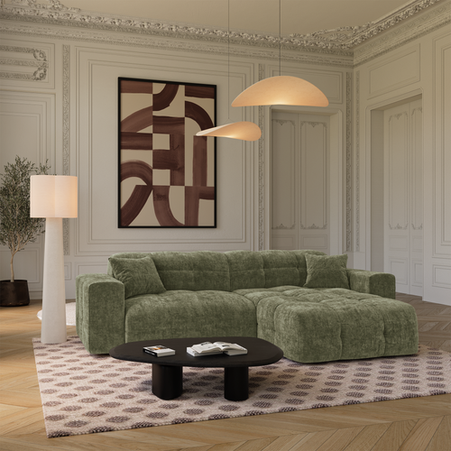 Premium Interiors - Rechthoekige hoekbank COCOON - gewaafd fluweel vintage groen 230cm