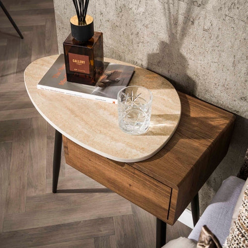 Giga Meubel Nachtkastje Travino Links - Hout/Travertin - 60x35x60cm - vtwonen shop