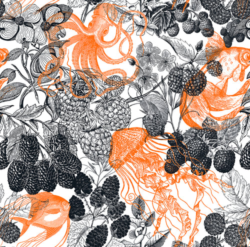 Walls4You behang fruit en dieren zwart en oranje - 53 cm x 10 m - 640118