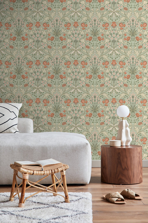 ESTAhome behang vintage bloemen in art nouveau stijl groen en terracotta - 50 x 900 cm - 131180 - vtwonen shop