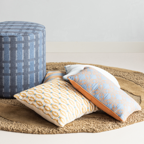 WOOOD kussens Lira - Blauw/Oranje - Set van 4