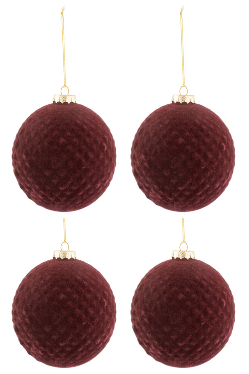 J-Line Kerstballen - glas & fluweel - bordeaux - medium - 4 stuks - kerstboomversiering - vtwonen shop