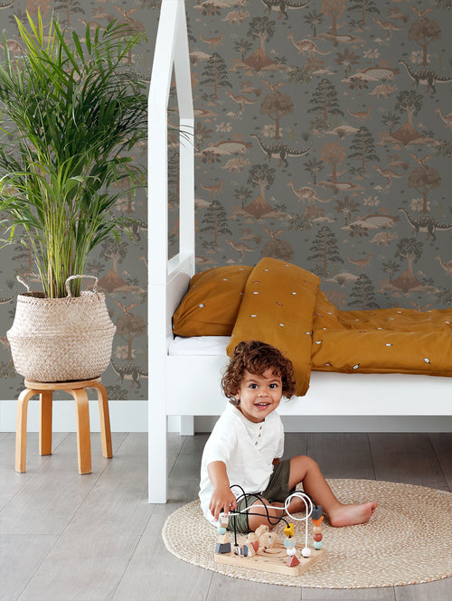 ESTAhome behang dinosaurussen vergrijsd blauw en bruin - 50 x 900 cm - 131656