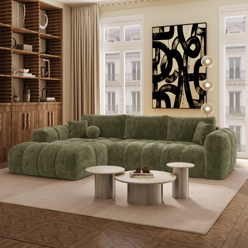 Premium Interiors - Linkshoekbank met slaapfunctie en opbergruimte SKY - gewaafd fluweel vintage groen 310cm