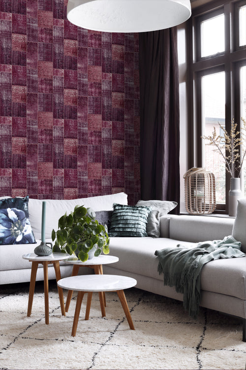 ESTAhome behang Marrakech kelim patchwork tapijt bordeaux rood - 53 cm x 10.05 m - 148653