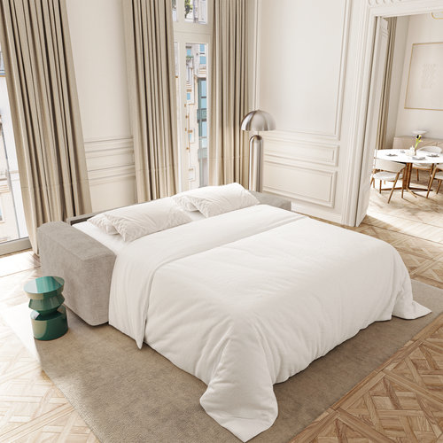 Premium Interiors - Snel uitklapbare slaapbank COMO - zacht aanvoelende geweven stof beige 236cm
