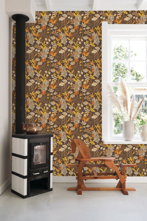 ESTAhome behang tropische bladeren en bloemen bruin en meerkleurig - 50 x 900 cm - 130997 - vtwonen shop