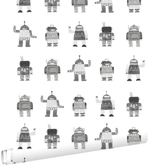 ESTAhome behang getekende vintage speelgoed robots zwart en wit - 53 cm x 10.05 m - 138939