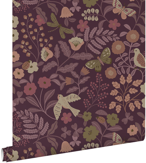 ESTAhome behang bloemen en vogels aubergine paars - 50 x 900 cm - 131639 - vtwonen shop