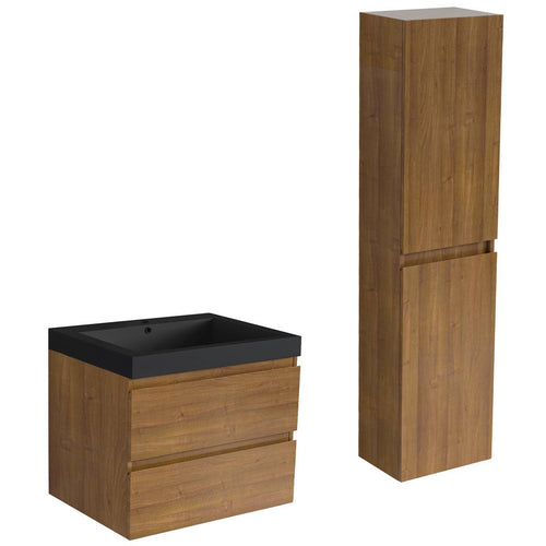 LOMAZOO badmeubelset Avalon - met hoge kast & zwarte wastafel - warm eiken - 60 cm