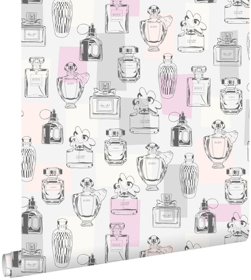 ESTAhome behang parfum flesjes lila paars, licht perzikroze, grijs en wit - 53 cm x 10.05 m - 138856